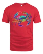 Colorful Cosmic Crab Psychedelic Ocean Art Graphic Tshirt - red t-shirt on white background