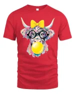 Cute Colorful Highland Cow Bubble Gum Graphic T Shirt Fun Art - red t-shirt on white background