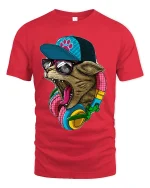 Cool Bear DJ Headphones Street Art Graphic Tshirt Design - red t-shirt on white background