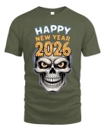 Happy New Year 2026 Skull Graphic Tshirt Bold Party Style - military green t-shirt on white background