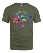 Colorful Cosmic Crab Psychedelic Ocean Art Graphic Tshirt - military green t-shirt on white background