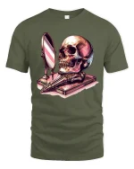 Skull Mirror Reflection Gothic Art Graphic Tshirt Dark Style - military green t-shirt on white background