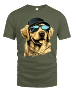 Cool Dog Wearing Sunglasses And Cap Street Style Graphic Tshirt - military green t-shirt on white background