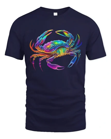 Colorful Cosmic Crab Psychedelic Ocean Art Graphic Tshirt - navy t-shirt on white background