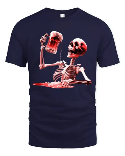 Skeleton Beer Toast Dark Humor Party Graphic Tshirt - navy t-shirt on white background