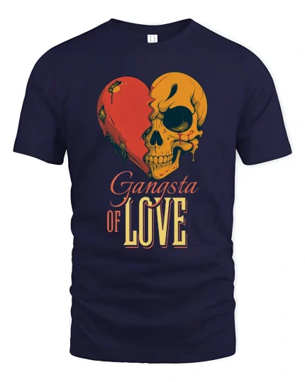 Gangsta of Love Skull Heart Graphic Tshirt Street Art Style - navy t-shirt on white background