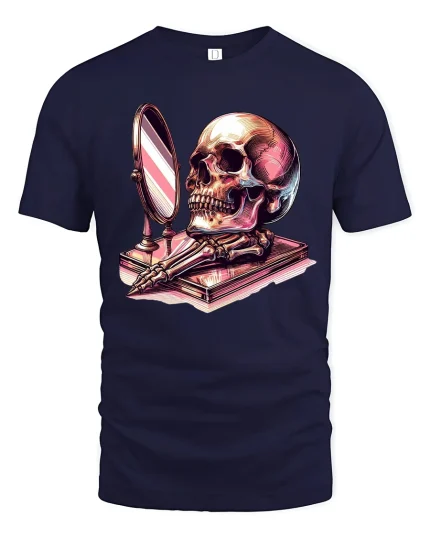 Skull Mirror Reflection Gothic Art Graphic Tshirt Dark Style - navy t-shirt on white background