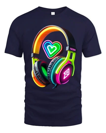 Neon Heart Headphones Music Lover Graphic Tshirt Vibe Art - navy t-shirt on white background