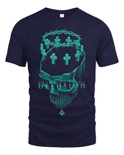 Delusion Crown Skull Graphic Tshirt Dark Gothic Art Design - navy t-shirt on white background