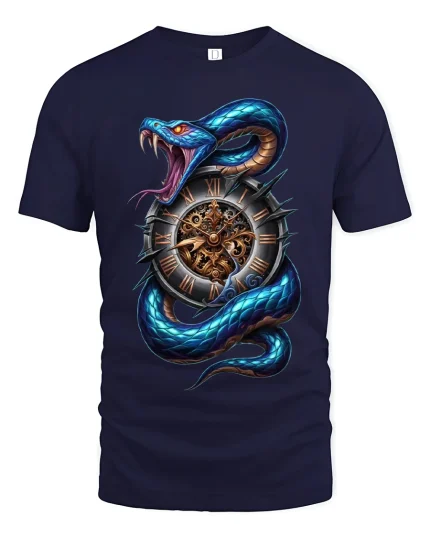 Time Serpent Clock Snake Graphic Tshirt Dark Fantasy Art - navy t-shirt on white background