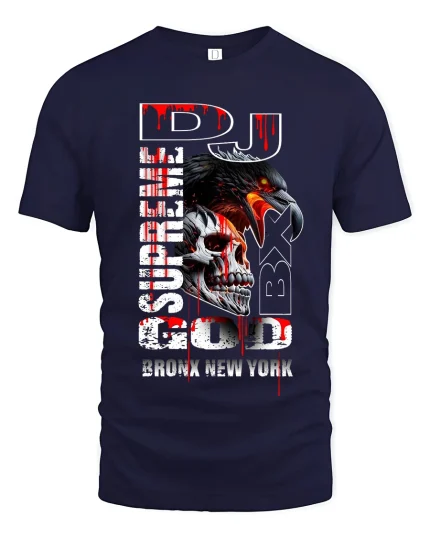 DJ Supreme God BX Bronx New York Skull Graphic Tshirt Art - navy t-shirt on white background