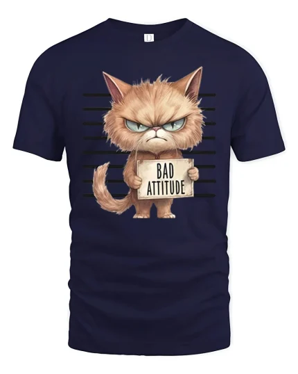 Bad Attitude Grumpy Cat Graphic Tshirt Funny Moody Kitty Art - navy t-shirt on white background