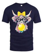 Cute Colorful Highland Cow Bubble Gum Graphic T Shirt Fun Art - navy t-shirt on white background