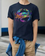 Colorful Cosmic Crab Psychedelic Ocean Art Graphic Tshirt - model wearing navy tee with hands in pockets