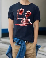 Skeleton Beer Toast Dark Humor Party Graphic Tshirt - model wearing navy tee with hands in pockets