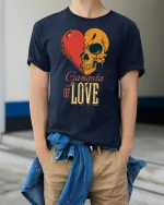 Gangsta of Love Skull Heart Graphic Tshirt Street Art Style - model wearing navy tee with hands in pockets