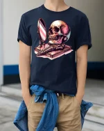 Skull Mirror Reflection Gothic Art Graphic Tshirt Dark Style - model wearing navy tee with hands in pockets