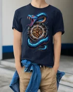 Time Serpent Clock Snake Graphic Tshirt Dark Fantasy Art - model wearing navy tee with hands in pockets