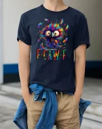 Funny Colorful Crazy Bird FCawF Graphic T Shirt Vibrant Art - model wearing navy tee with hands in pockets