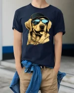 Cool Dog Wearing Sunglasses And Cap Street Style Graphic Tshirt - model wearing navy tee with hands in pockets