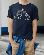 Eternal Bond Skeleton Parent And Child Emotional Graphic Tshirt - model wearing navy tee with hands in pockets