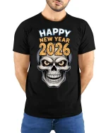 Happy New Year 2026 Skull Graphic Tshirt Bold Party Style - model wearing black tee with hands behind back