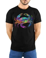 Colorful Cosmic Crab Psychedelic Ocean Art Graphic Tshirt - model wearing black tee with hands behind back
