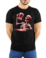 Skeleton Beer Toast Dark Humor Party Graphic Tshirt - model wearing black tee with hands behind back