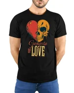Gangsta of Love Skull Heart Graphic Tshirt Street Art Style - model wearing black tee with hands behind back