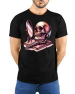 Skull Mirror Reflection Gothic Art Graphic Tshirt Dark Style - model wearing black tee with hands behind back