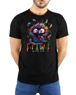 Funny Colorful Crazy Bird FCawF Graphic T Shirt Vibrant Art - model wearing black tee with hands behind back