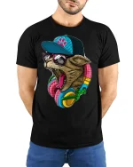 Cool Bear DJ Headphones Street Art Graphic Tshirt Design - model wearing black tee with hands behind back