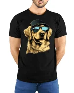 Cool Dog Wearing Sunglasses And Cap Street Style Graphic Tshirt - model wearing black tee with hands behind back