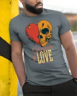 Gangsta of Love Skull Heart Graphic Tshirt Street Art Style - model wearing grey tee, leaning on column