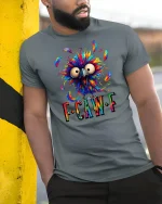 Funny Colorful Crazy Bird FCawF Graphic T Shirt Vibrant Art - model wearing grey tee, leaning on column