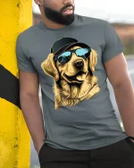 Cool Dog Wearing Sunglasses And Cap Street Style Graphic Tshirt - model wearing grey tee, leaning on column