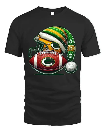 Festive Football Helmet And Ball Christmas Art Graphic T Shirt - black t-shirt on white background