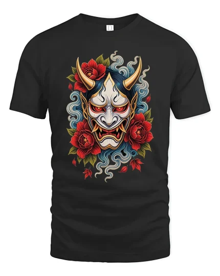 Japanese Oni Demon Mask With Roses Art Graphic T Shirt - black t-shirt on white background