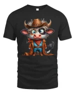 Funny Cowboy Cow Cartoon Western Character Art Graphic T Shirt - black t-shirt on white background
