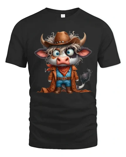Funny Cowboy Cow Cartoon Western Character Art Graphic T Shirt - black t-shirt on white background