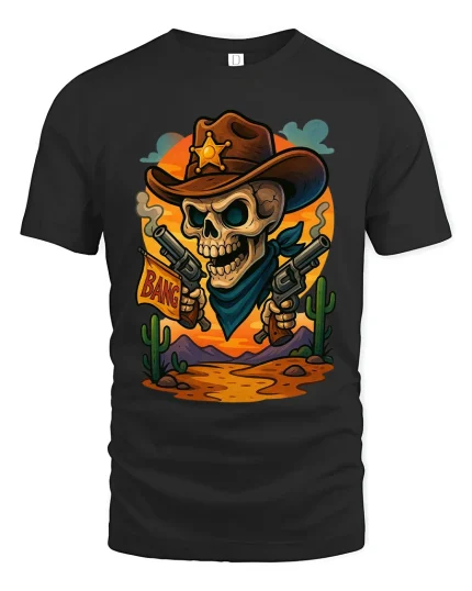 Funny Cowboy Skeleton With Guns Cartoon Art Graphic T Shirt - black t-shirt on white background