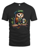 Cute Owl Wearing Outfit Holding Coffee Cartoon Art T Shirt - black t-shirt on white background
