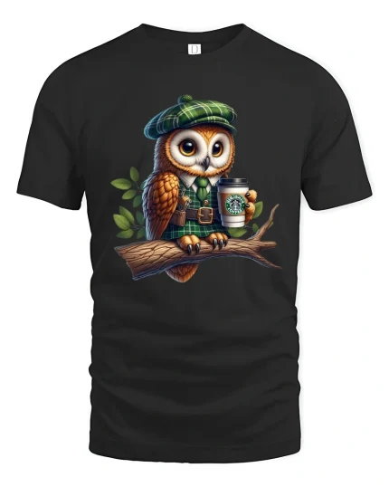 Cute Owl Wearing Outfit Holding Coffee Cartoon Art T Shirt - black t-shirt on white background