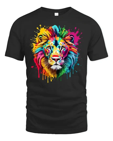 Colorful Lion Paint Splash Art Illustration Graphic T Shirt - black t-shirt on white background