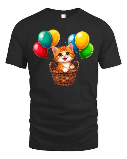 Cute Kitten With Colorful Balloons Cartoon Art Graphic T Shirt - black t-shirt on white background