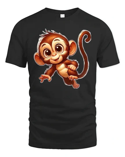 Cute Baby Monkey Smiling Cartoon Art Graphic T Shirt - black t-shirt on white background