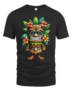 Funny Tropical Tiki Idol Cartoon Art Graphic T Shirt - black t-shirt on white background
