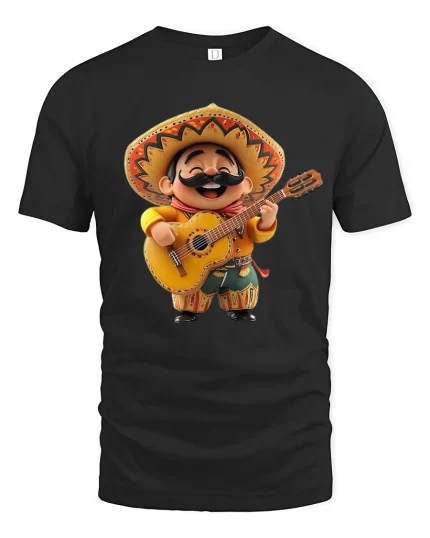 Funny Mariachi Guitar Player Cartoon Art Graphic Tshirt - black t-shirt on white background