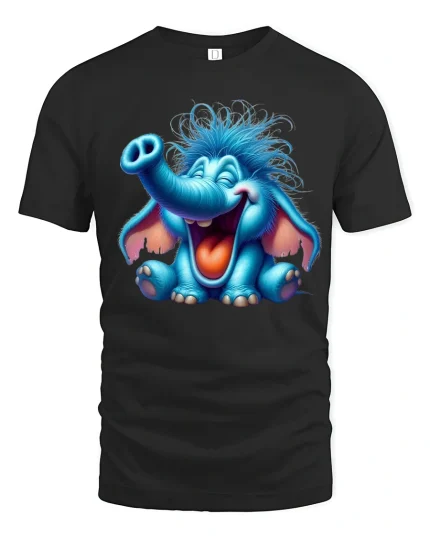 Funny Blue Baby Elephant Cartoon Art Graphic T Shirt - black t-shirt on white background
