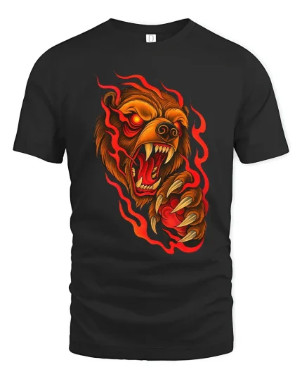 Ferocious Flaming Bear Rage Art Graphic T Shirt - black t-shirt on white background